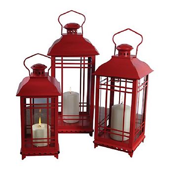 Traditional Red Metal Candle Lantern (Set of 3)