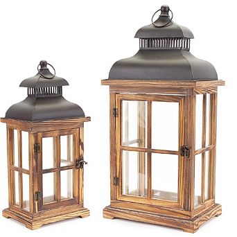 Rustic Wood And Metal Lantern (Set of 2)