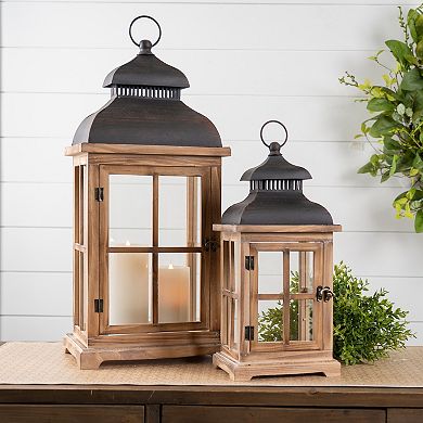Rustic Wood And Metal Lantern (Set of 2)