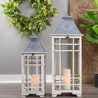 Traditional Farmhouse Lantern With Metal Lid (set Of 2)