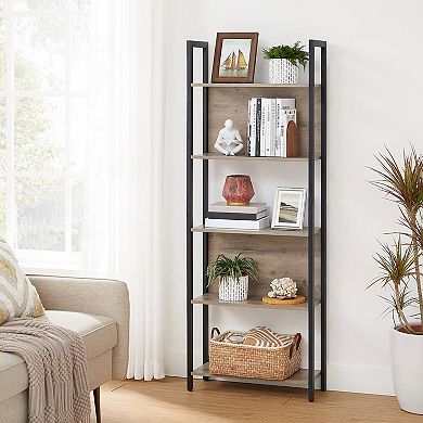 5 Tier Industrial Bookshelf Storage Shelf Greige and Black Tall Metal Frame Bookcase