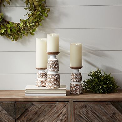 Leaf Pattern Candle Holder With Wood Design (set Of 3)