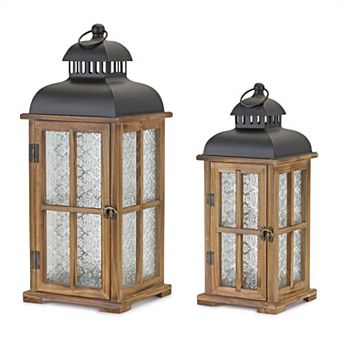 Natural Wood Lantern With Ornate Frosted Glass (set Of 2)