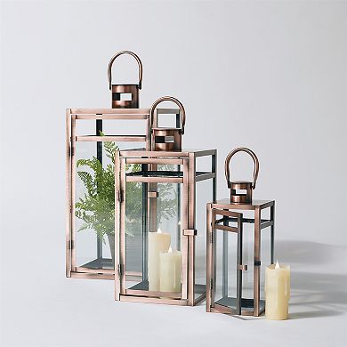 Contemporary Copper Metal Box Lantern (Set of 3)