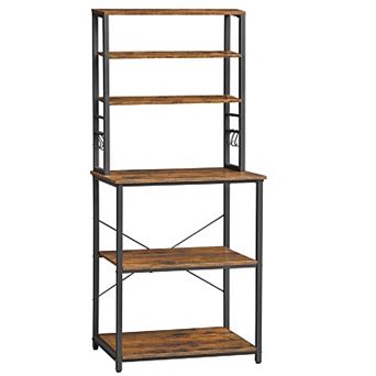 Baker's Rack, Microwave Oven Stand, Kitchen Tall Utility Storage Shelf, 6 Hooks And Metal Frame
