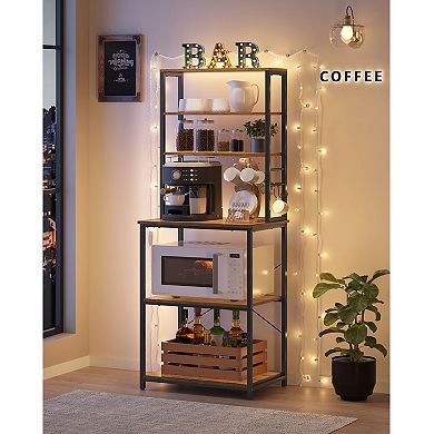 Baker's Rack, Microwave Oven Stand, Kitchen Tall Utility Storage Shelf, 6 Hooks And Metal Frame