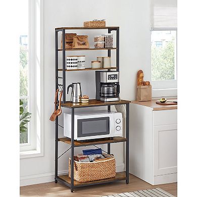 Baker's Rack, Microwave Oven Stand, Kitchen Tall Utility Storage Shelf, 6 Hooks And Metal Frame