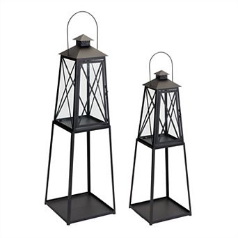 Traditional Metal Lantern With Tapered Stand (Set Of 2)