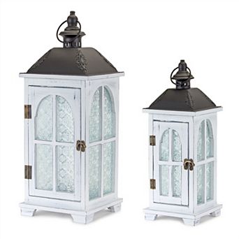 White Wood Lantern With Ornate Frosted Glass (set Of 2)