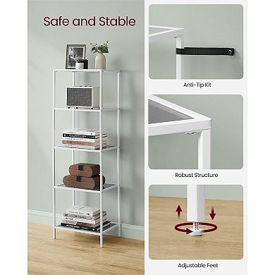Bookcase, 5-tier Bookshelf, Slim Shelving Unit For Bedroom, Bathroom, Home Office, Tempered Glass