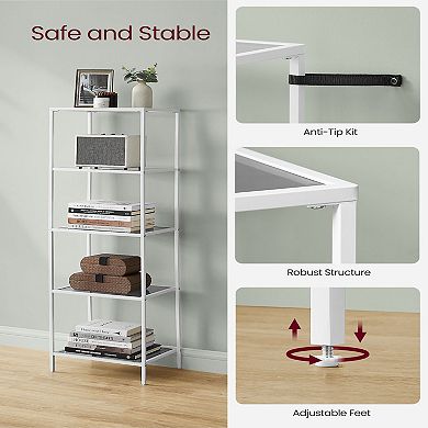 Bookcase, 5-tier Bookshelf, Slim Shelving Unit For Bedroom, Bathroom, Home Office, Tempered Glass