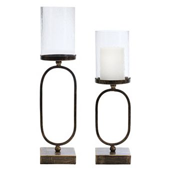 Modern Metal Candle Holder With Glass Hurricane (Set Of 2)