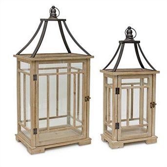 Natural Wood Lantern With Open Metal Lid (set Of 2)