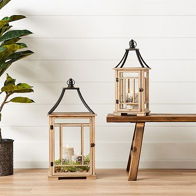 Natural Wood Lantern With Open Metal Lid (set Of 2)