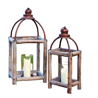 Rustic Wood Log And Antique Metal Lantern With Glass Hurricane (set Of 2)