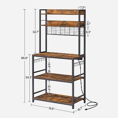 Bakers Rack With Power Outlet, Microwave Stand, Coffee Bar With Metal Wire Panel