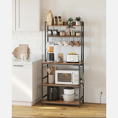 Bakers Rack With Power Outlet, Microwave Stand, Coffee Bar With Metal Wire Panel