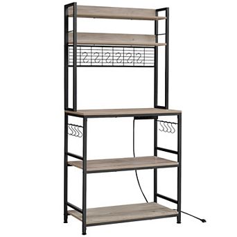 Bakers Rack With Power Outlet, Microwave Stand, Coffee Bar With Metal Wire Panel