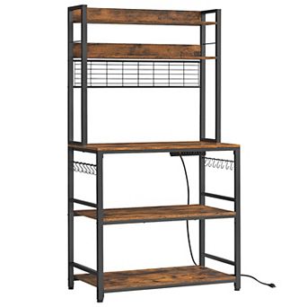 Bakers Rack With Power Outlet, Microwave Stand, Coffee Bar With Metal Wire Panel