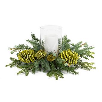 Mixed Winter Pine Cone Candle Holder With Glass Hurricane 18"d