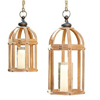 Open Wood Lantern With Glass Hurricane (set Of 2)