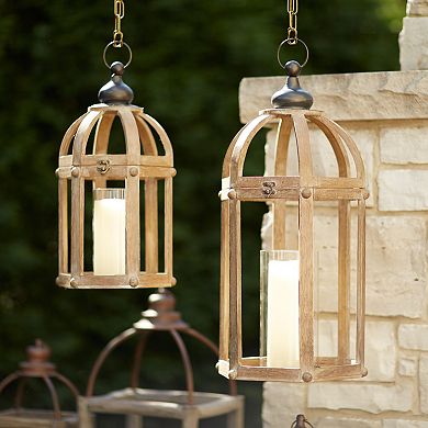 Open Wood Lantern With Glass Hurricane (set Of 2)