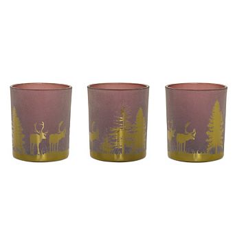 Glass Tea Light Holder with Woodland Scene (Set of 3)