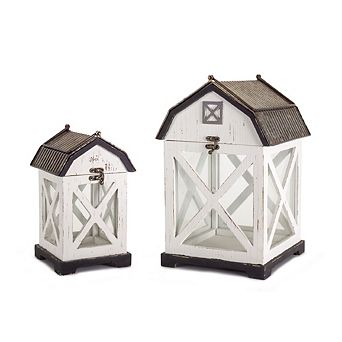 Distressed White Wood Barn Style Lantern (Set of 2)