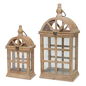 Natural Wooden Lantern With Curved Top (set Of 2)