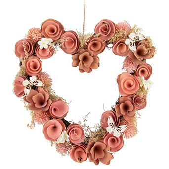 Northlight Pink Wooden Rose Heart 10 in Spring Wreath with Butterflies
