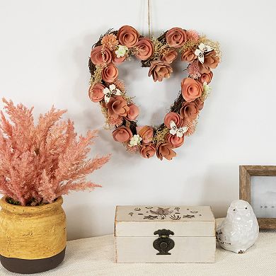 Northlight Pink Wooden Rose Heart 10 in. Spring Wreath with Butterflies