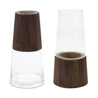 Tapered Glass Vase with Wood Accent Table Decor 2 pc Set