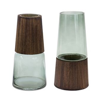 Tapered Glass Vase with Wood Accent Table Decor 2 pc Set