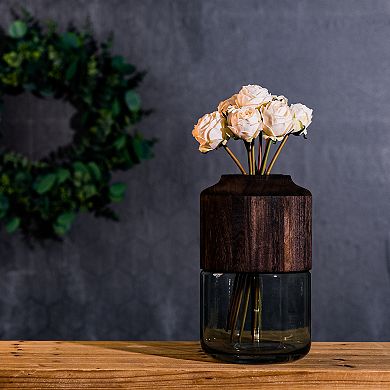 Melrose Sage Glass Vase with Wood Accent Table Decor