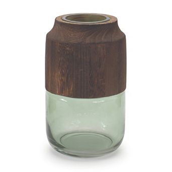 Melrose Sage Glass Vase with Wood Accent