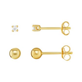 PRIMROSE 18k Gold Over Silver Cubic Zirconia Stud & Polished Ball Stud Earrings Duo Set