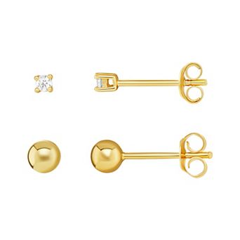 PRIMROSE 18k Gold Over Silver Cubic Zirconia Stud & Polished Ball Stud Earrings Duo Set