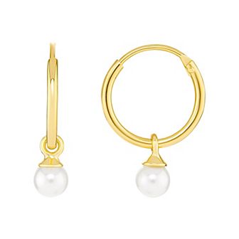 PRIMROSE 18k Gold Over Silver White Glass Pearl Drop Hoop Earrings