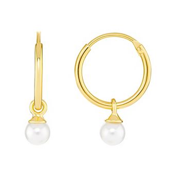 PRIMROSE 18k Gold Over Silver White Glass Pearl Drop Hoop Earrings