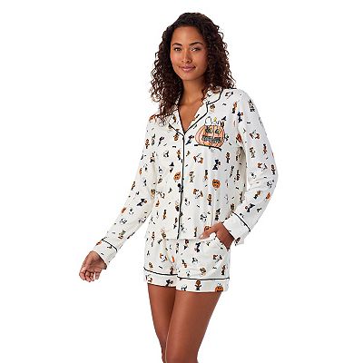 Women s Beauty Sleep Social Lucy Peanuts Halloween Long Sleeve Top Shorts Pajama Set