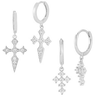 Sunkissed Sterling Sterling Silver Cubic Zirconia Cross Huggie Hoop Earring Duo Set