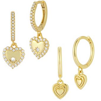 Sunkissed 14K Gold Over Silver Cubic Zirconia Heart Huggie Hoop Earring Set