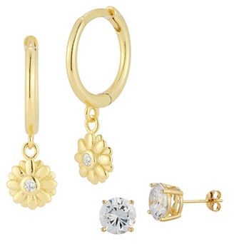 Sunkissed Sterling Sterling Silver Cubic Zirconia Flower Huggie Hoop Earring Duo Set