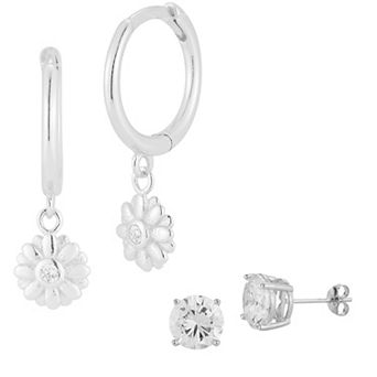 Sunkissed Sterling Sterling Silver Cubic Zirconia Flower Huggie Hoop Earring Duo Set