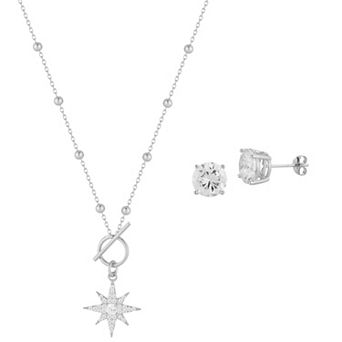 Sunkissed Sterling Sterling Silver Cubic Zirconia North Star Toggle Necklace and Stud Earrings Set