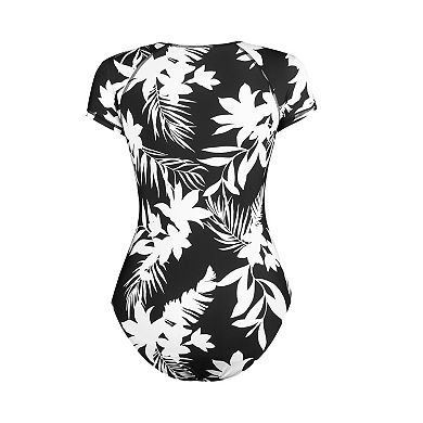Women's CUPSHE Retro Floral Zip Front Short Sleeve One Piece Swimsuit