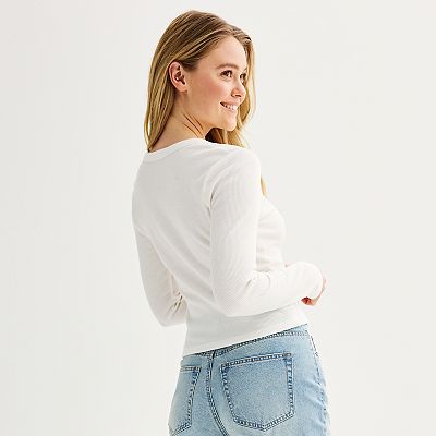 Juniors' Harper & Ivy Long Sleeve Button Front Thermal Tee
