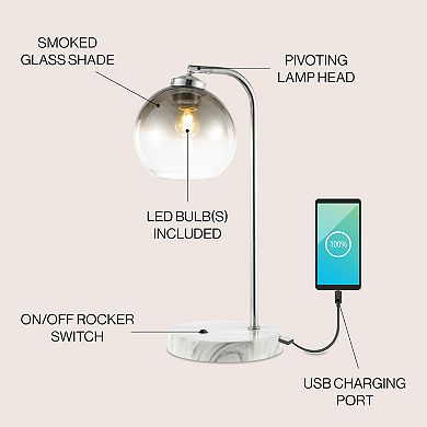 Ada Industrial Contemporary Iron/glass Led Task Lamp With Usb Charging Port