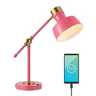 Jonathan Y Allegra Classic Farmhouse Adjustable Cantilever LED Task Lamp with USB Charging Port Cyan Brass Gold