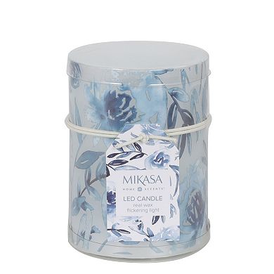 Mikasa Blue Flower Decal LED Wax Pillar Candle